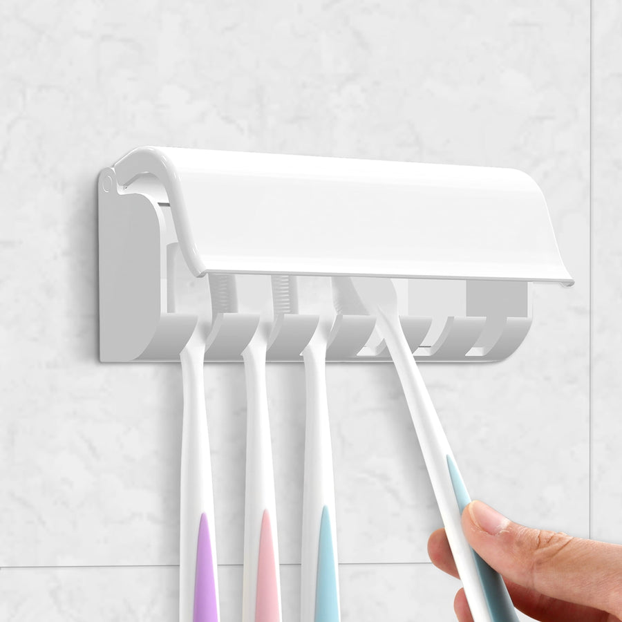 6 Slots Toothbrush Holders Wall Mounted, RV Mirror Toothbrush Organizer Hanger with Cover, Self Adhesive Toothbrush Storage Stand Rack