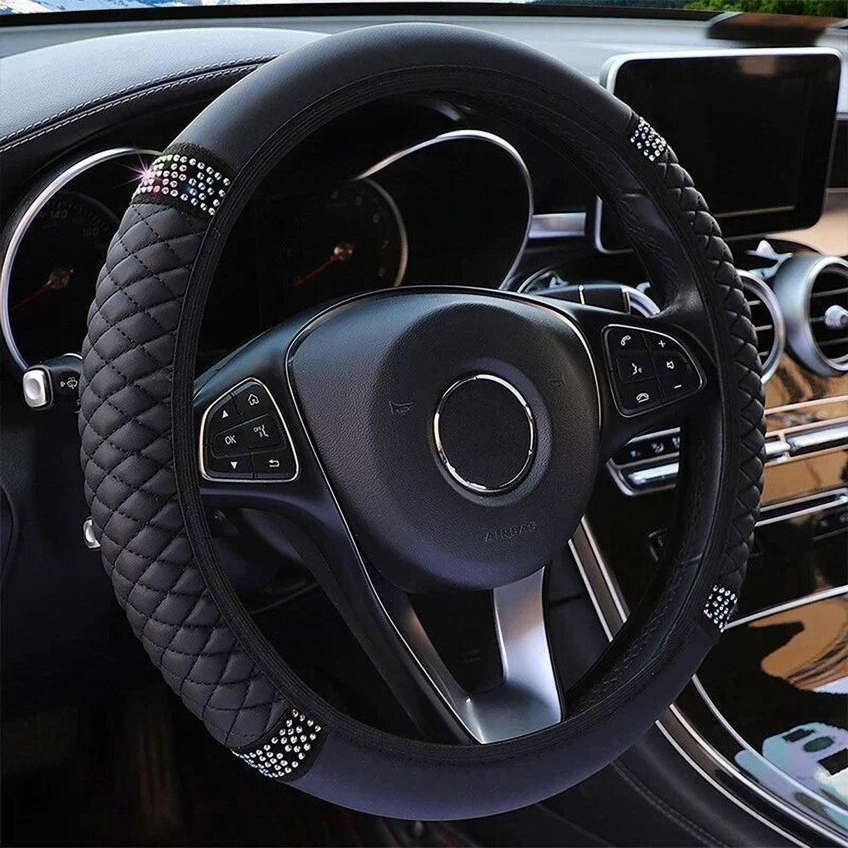 Universal Car Steering Wheel Cover 37-38cm Leather Embroidered Color Diamond-Studded Elastic Four Seasons Steering Wheel Cover Black