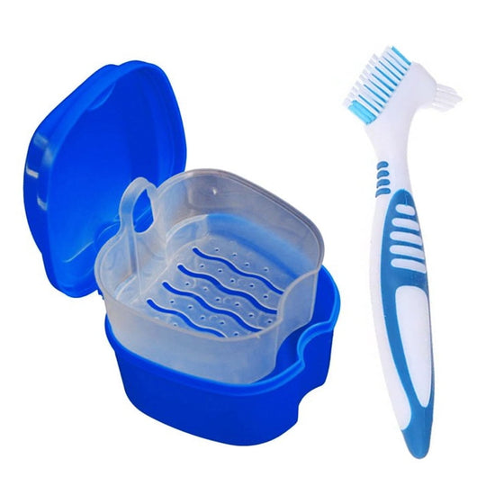 Denture Bath Case Cup Box Holder Storage Container with Denture Cleaner Brush Strainer Basket for Travel Cleaning Blue