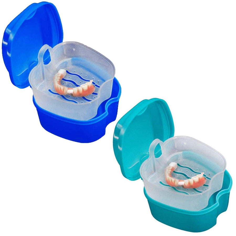 Denture Bath Case Cup Box Holder Storage Container with Denture Cleaner Brush Strainer Basket for Travel Cleaning Blue