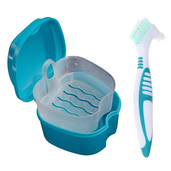 Denture Bath Case Cup Box Holder Storage Container with Denture Cleaner Brush Strainer Basket for Travel Cleaning Green