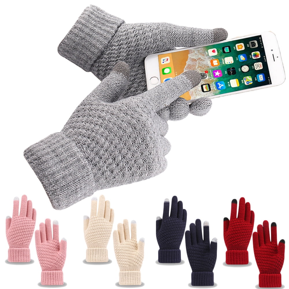 Women's Winter Touch Screen Gloves Warm Fleece Lined Knit Gloves Elastic Cuff Winter Texting Gloves White