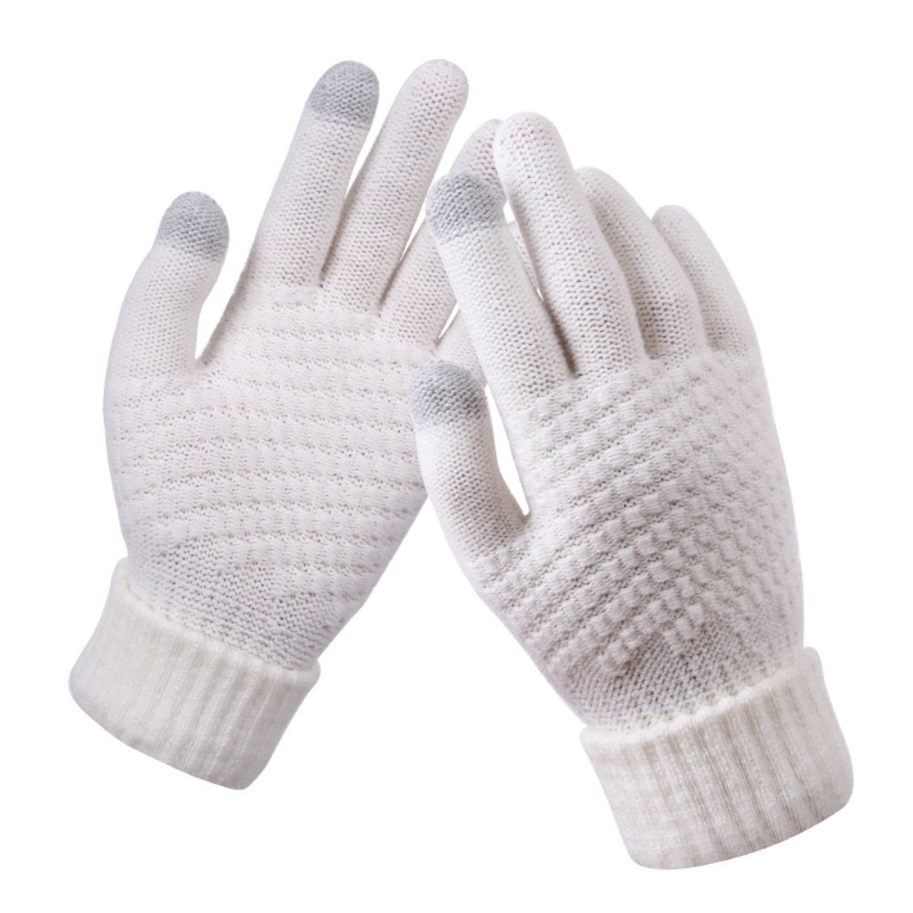 Women's Winter Touch Screen Gloves Warm Fleece Lined Knit Gloves Elastic Cuff Winter Texting Gloves White