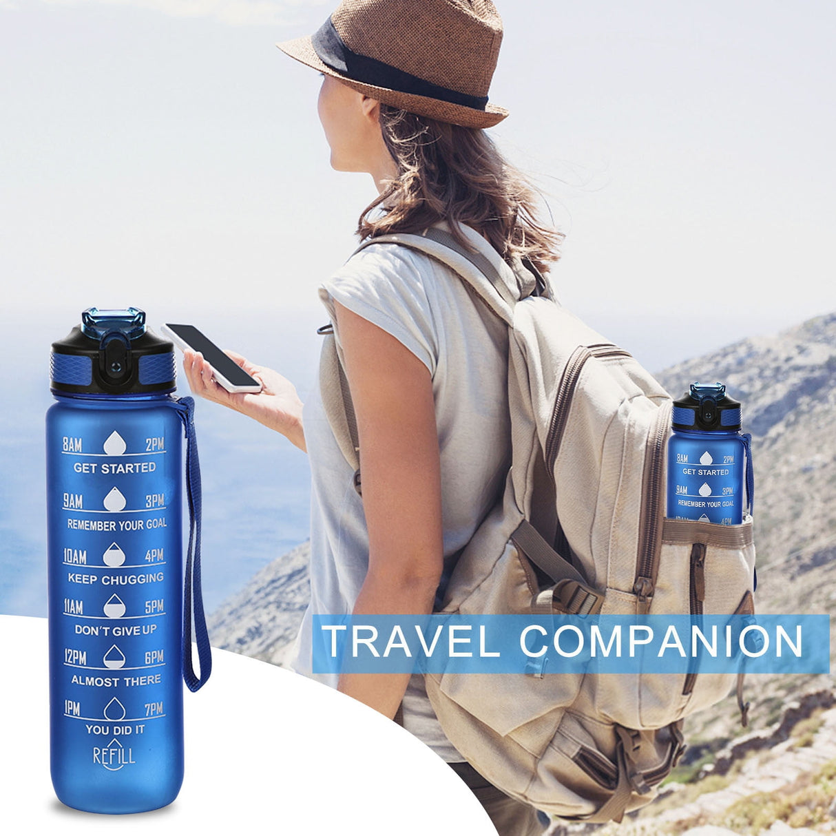 32Oz Water Bottle with Time Markers, Carry Strap, Leak-Proof for Fitness, Gym, Camping, Outdoor Sports Blue