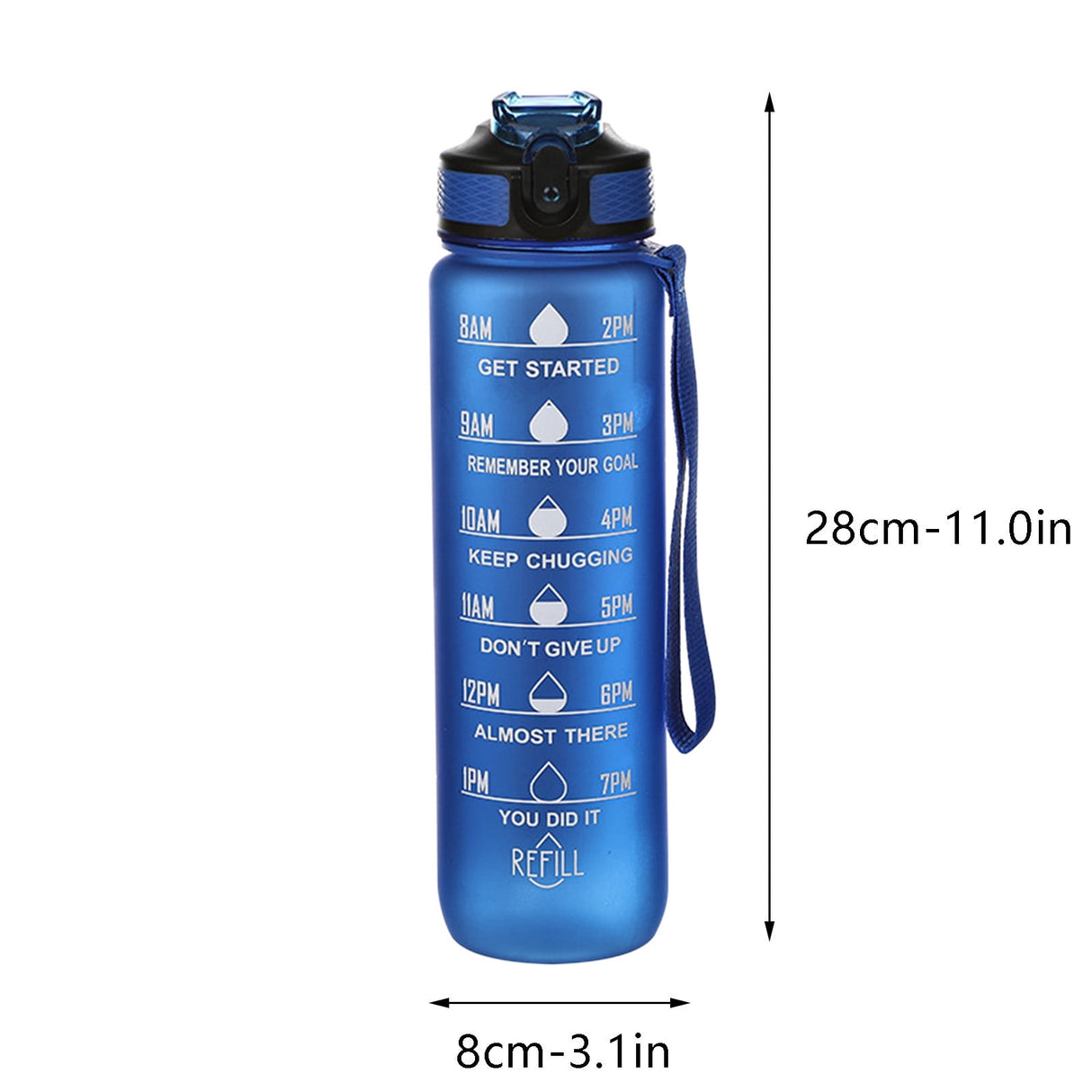 32Oz Water Bottle with Time Markers, Carry Strap, Leak-Proof for Fitness, Gym, Camping, Outdoor Sports Blue