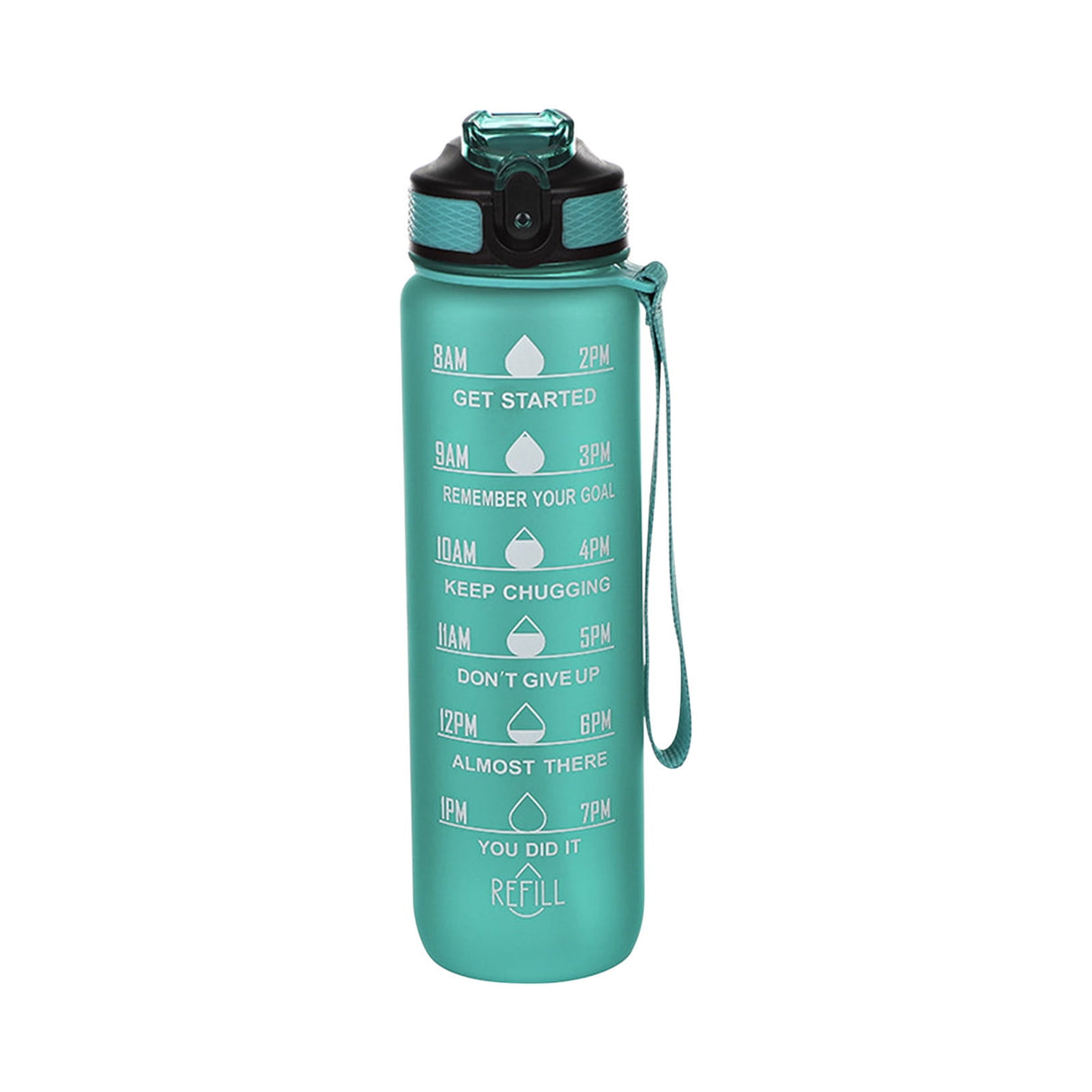 32Oz Water Bottle with Time Markers, Carry Strap, Leak-Proof for Fitness, Gym, Camping, Outdoor Sports Green