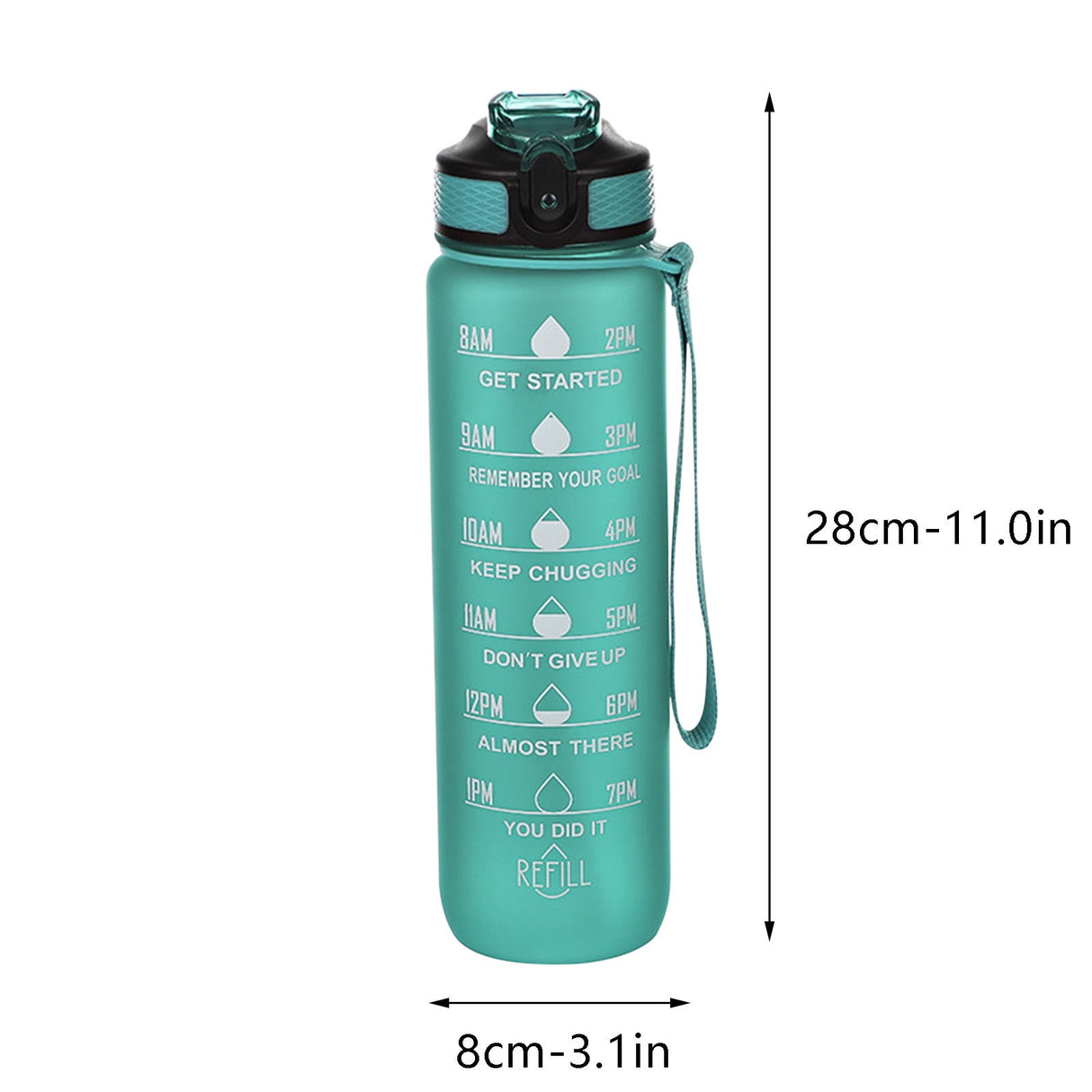 32Oz Water Bottle with Time Markers, Carry Strap, Leak-Proof for Fitness, Gym, Camping, Outdoor Sports Green