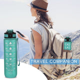 32Oz Water Bottle with Time Markers, Carry Strap, Leak-Proof for Fitness, Gym, Camping, Outdoor Sports Green