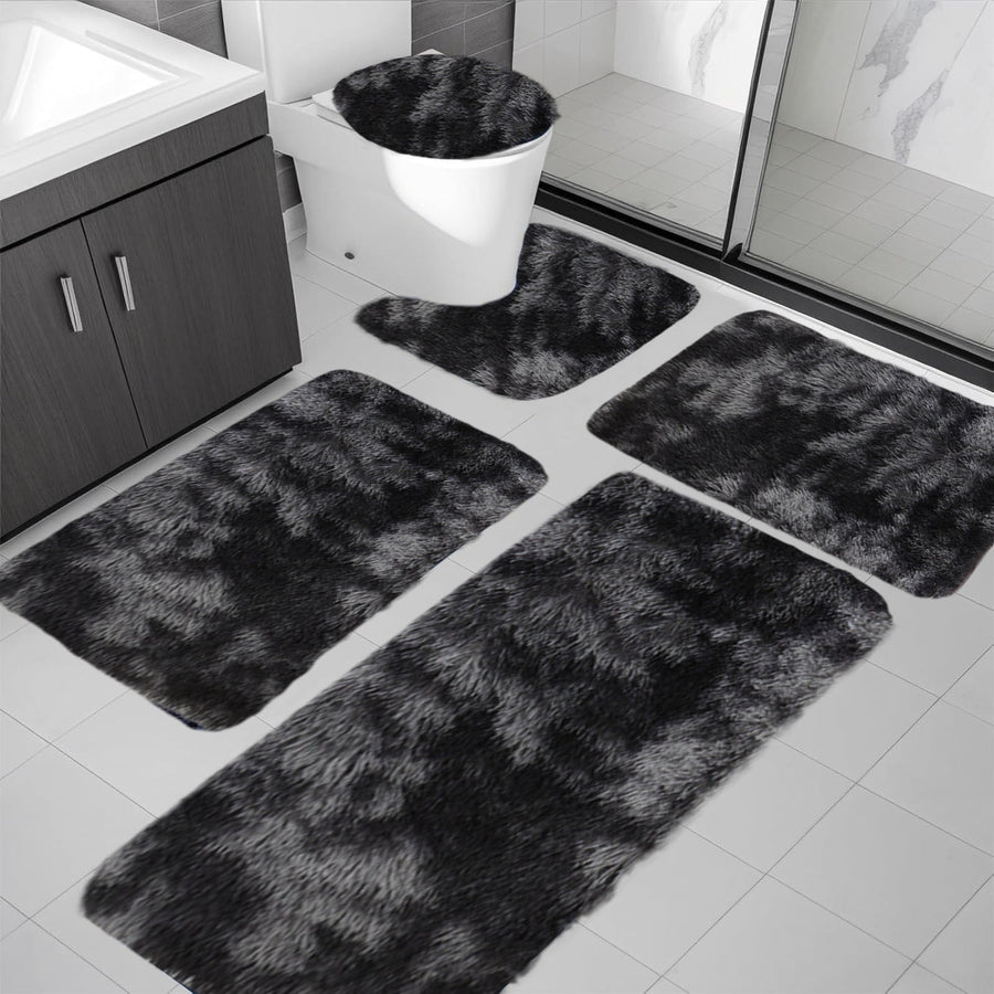 Tie-Dye Bathroom Rugs Sets, Non-Slip Bath Mat Set 5 Piece, Soft Comfortable Washable Bathroom Mat Set, Quicker Dry Bathroom Rug with Toilet Rug Black