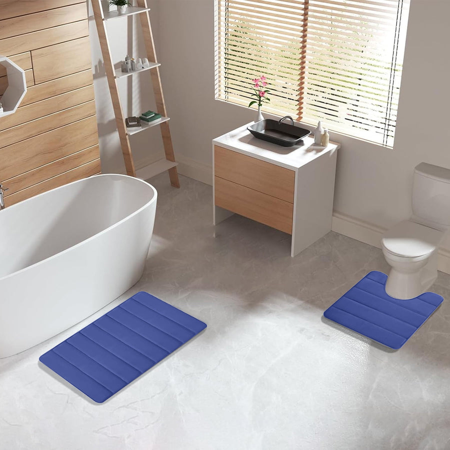 Memory Foam Toilet Rug, Non-Slip Bathroom Rugs, Toilet Rugs U Shaped Washable, Commode Contour Rug, Soft Comfortable Super Water Absorption #2_Blue