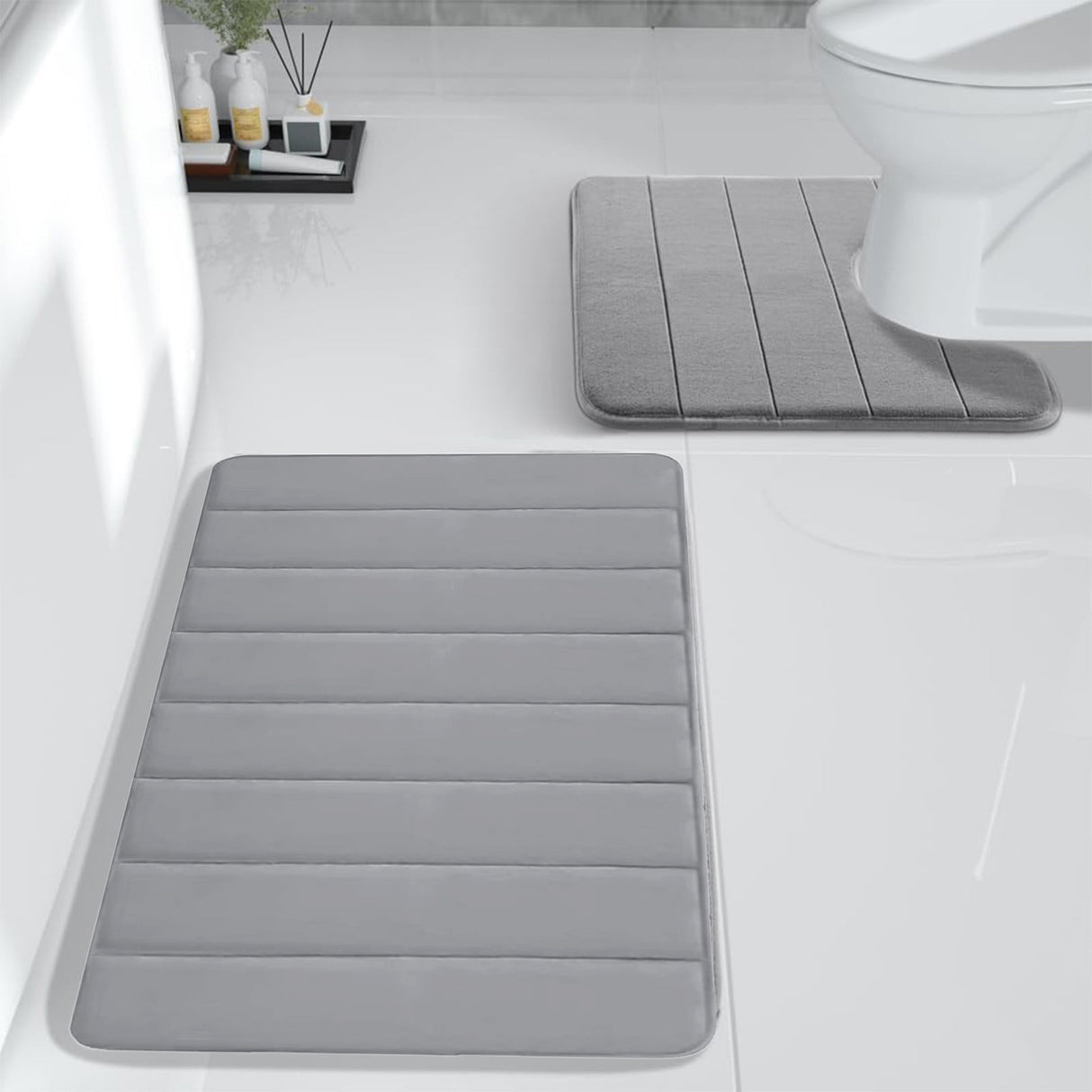 Memory Foam Toilet Rug, Non-Slip Bathroom Rugs, Toilet Rugs U Shaped Washable, Commode Contour Rug, Soft Comfortable Super Water Absorption #2_Gray