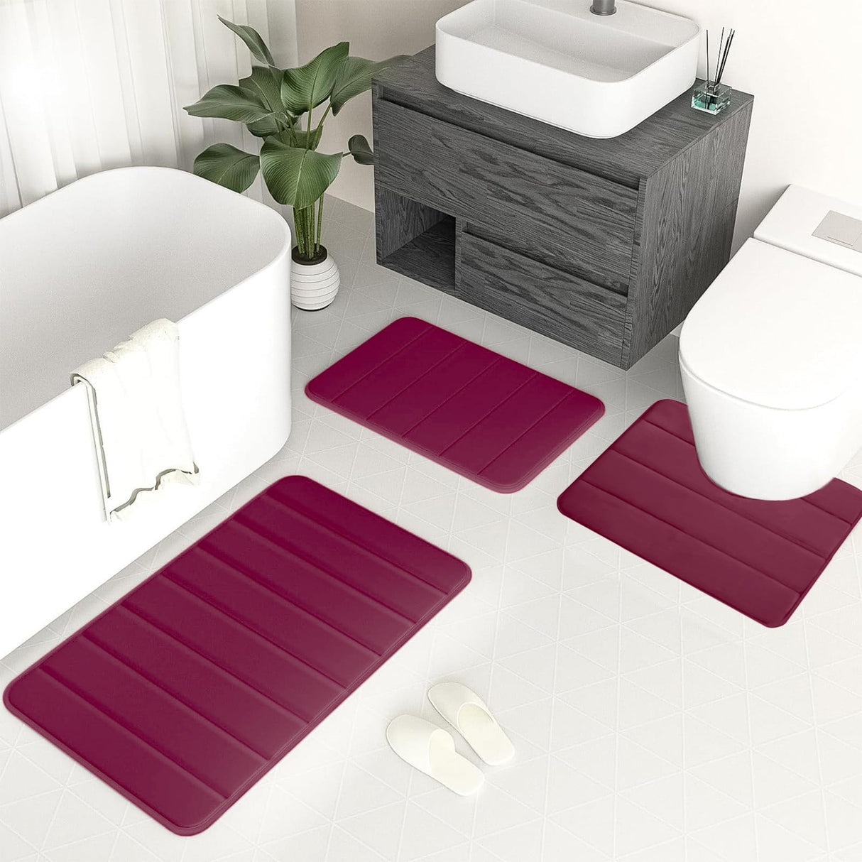Memory Foam Toilet Rug, Non-Slip Bathroom Rugs, Toilet Rugs U Shaped Washable, Commode Contour Rug, Soft Comfortable Super Water Absorption #3_Red