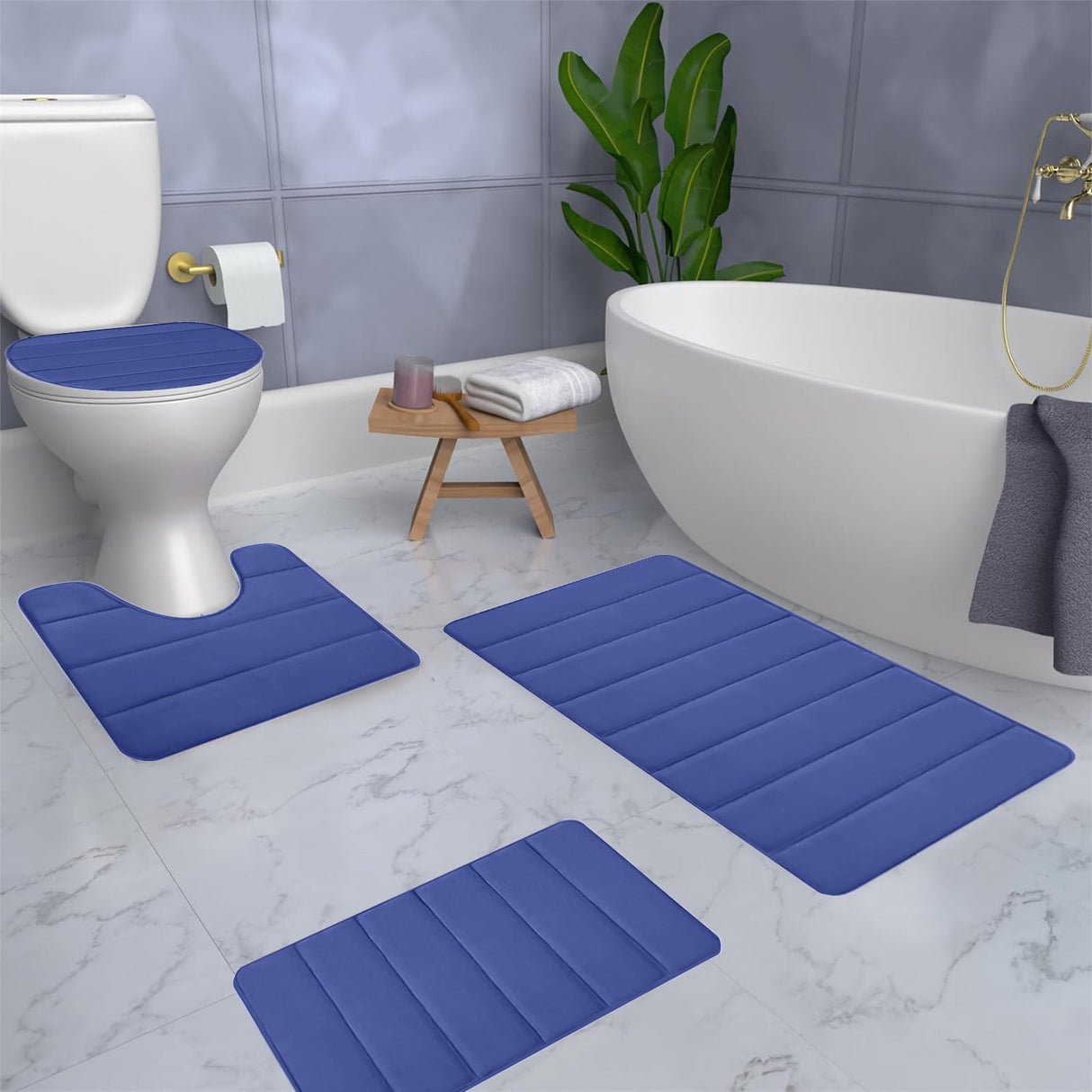 Memory Foam Toilet Rug, Non-Slip Bathroom Rugs, Toilet Rugs U Shaped Washable, Commode Contour Rug, Soft Comfortable Super Water Absorption #4_Blue
