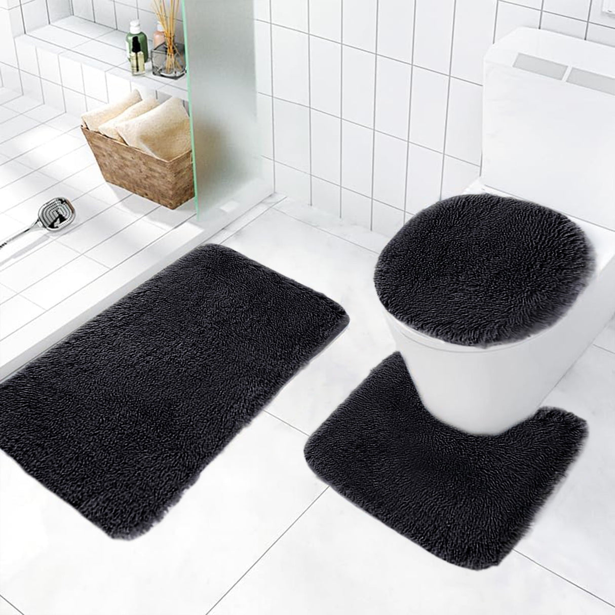 Bathroom Rugs Sets, Non-Slip Bath Mat Set 3 Piece, Soft Comfortable Washable Bathroom Mat Set, Quicker Dry Bathroom Rug with Toilet Rug Black