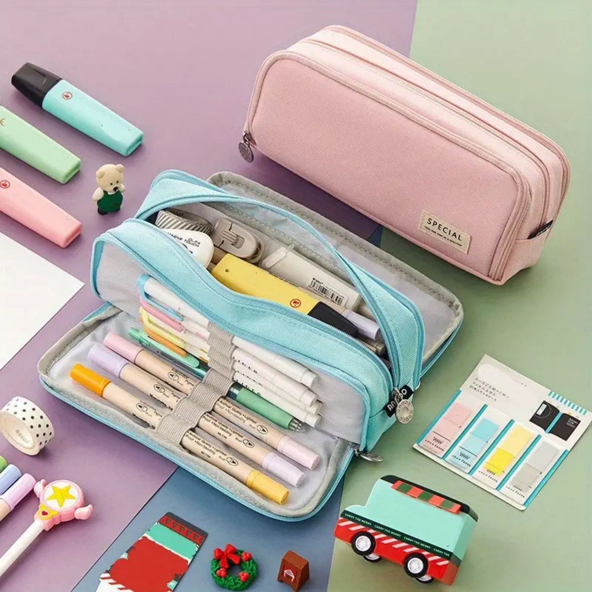 Pencil Case Large Capacity Pencil Pouch, Multi-layer Aesthetic Pen Bag, Sturdy Multifunctional Pencil Bag, Pencil Box, Sky Blue Pink