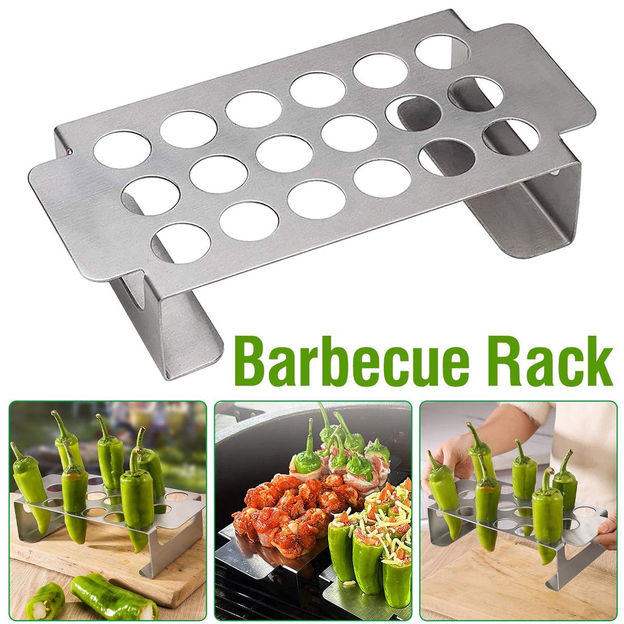 18 Hole Jalapeno Popper Holder for Grill, Grilling Accessories with Handle, Stainless Steel Barbecue Chili Pepper Grill Rack, BBQ Accessories silver