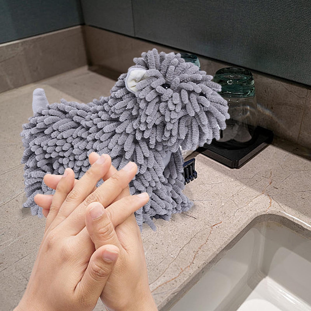 Hangable Towels Cute Dog Hand Towels, Highly Absorbent Kitchen Towels Soft Thicker Hand Towels for Bathroom Funny Cartoon Gifts for Women Kitchen Bathroom Decor, Blue Gray