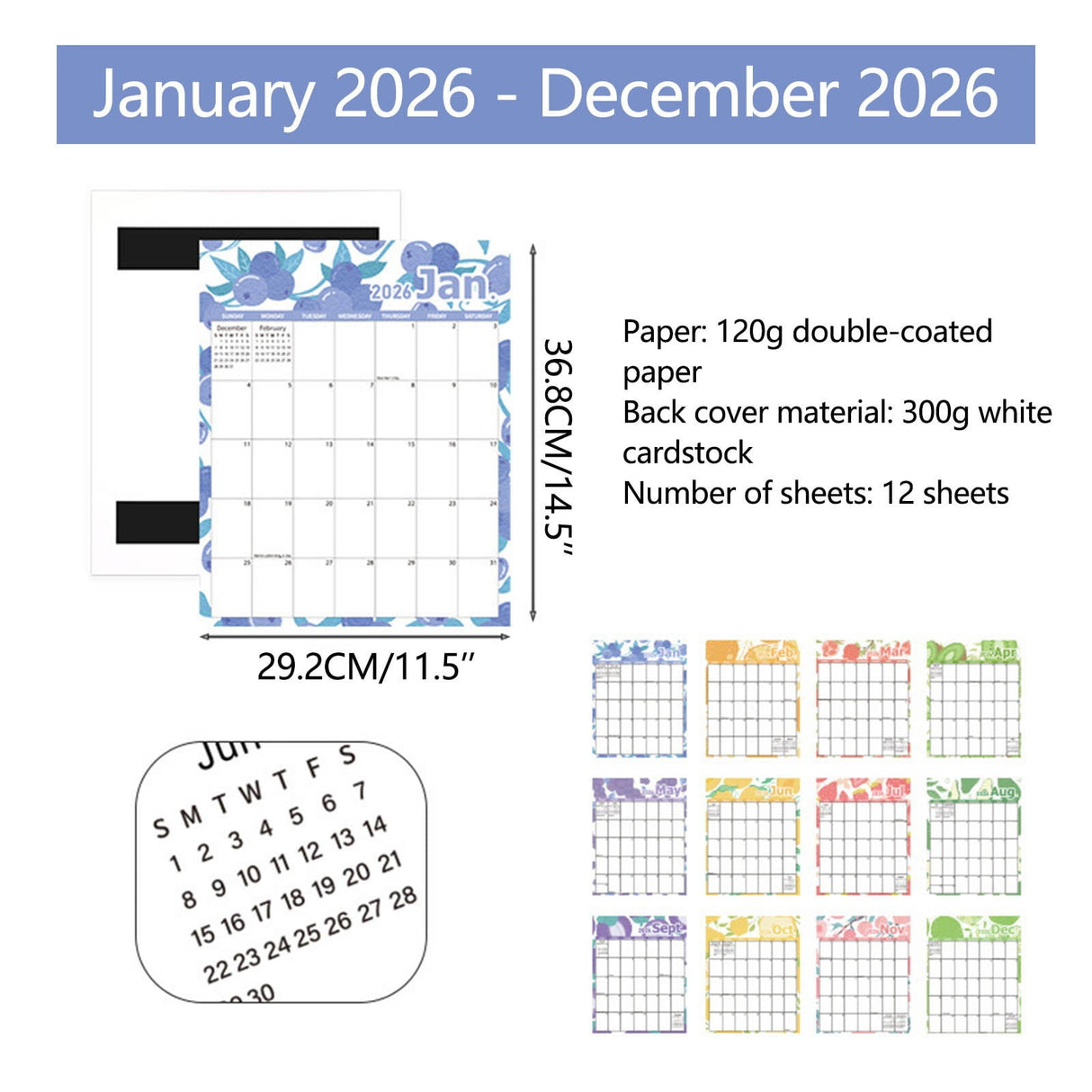 Magnetic Calendar for Refrigerator 2026-2027, 12x10" 18 Month Runs Monthly Fridge Calendar Magnet from Jan 2026 to Jun 2027 for Home School Office Blueberry