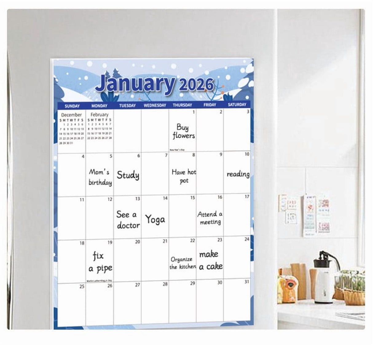 Magnetic Calendar for Refrigerator 2026-2027, 12x10" 18 Month Runs Monthly Fridge Calendar Magnet from Jan 2026 to Jun 2027 for Home School Office Snow