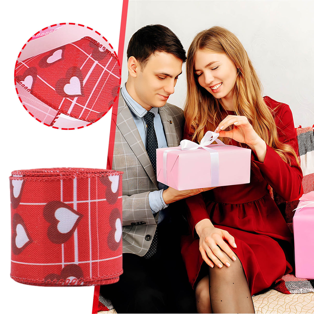Valentine Wired Ribbon Heart Love Themed Fabric Ribbons for Gifts Wrapping Crafts Wreath Bow Decorations C