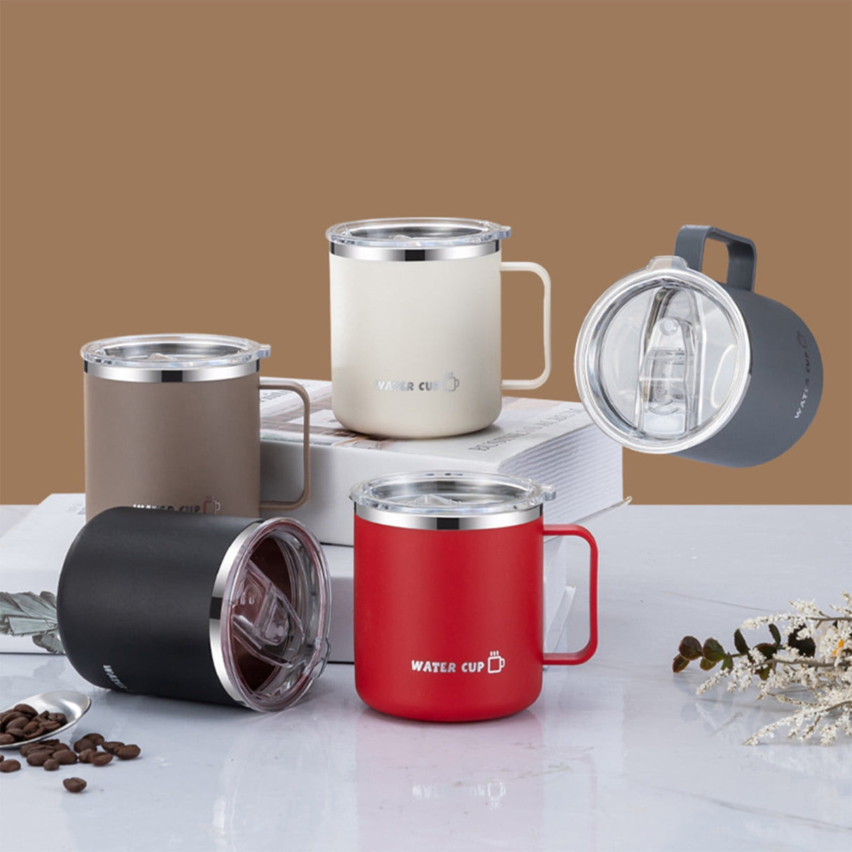 Insulated Coffee Mug, 20oz Stainless Steel Tumbler with Slider Lid Travel Coffee Cups with Handle for Camping Office Home,ZC_#Khaki