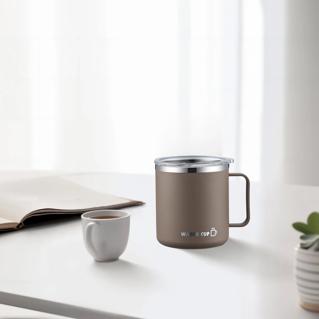 Insulated Coffee Mug, 20oz Stainless Steel Tumbler with Slider Lid Travel Coffee Cups with Handle for Camping Office Home,ZC_#Khaki