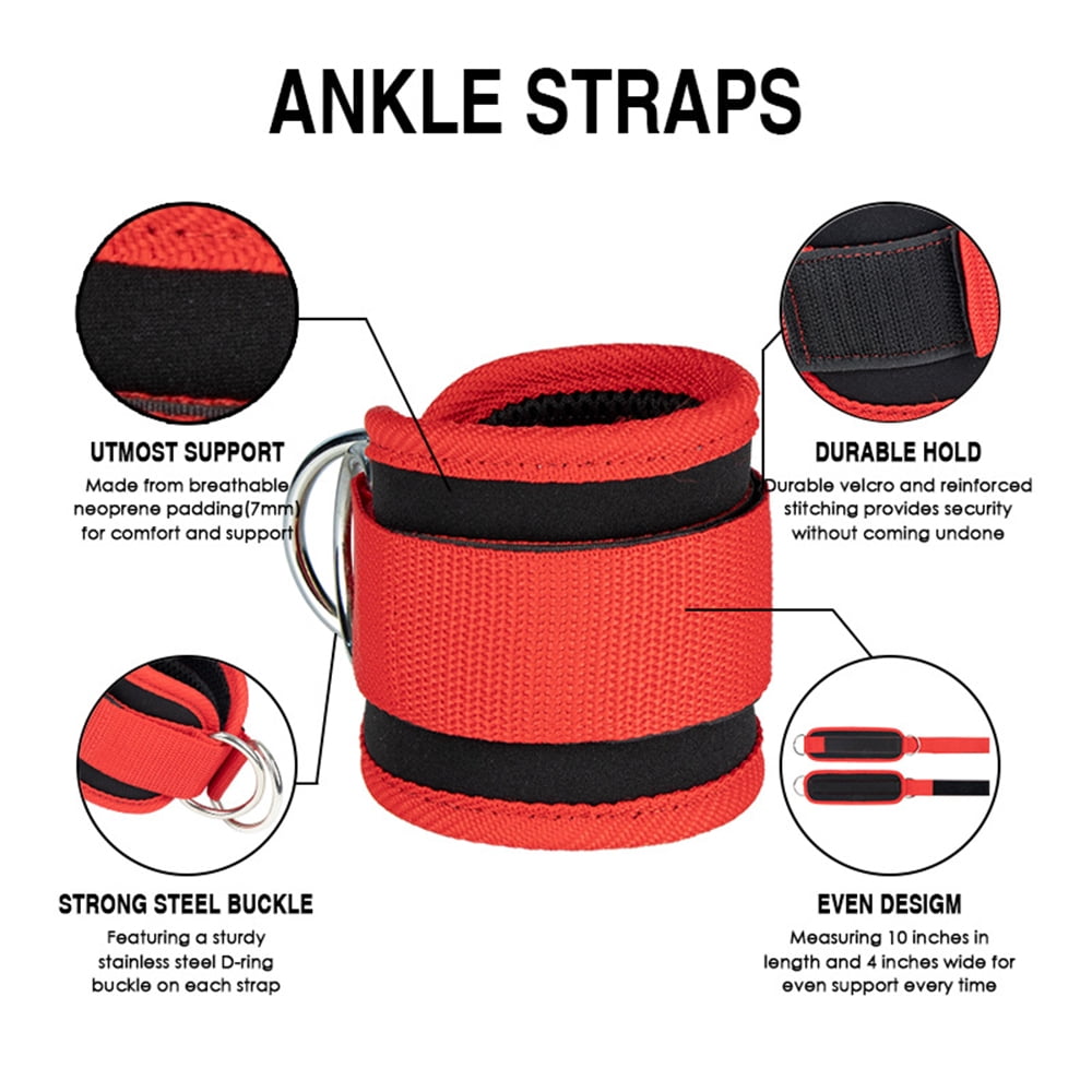 Adjustable Polyester Ankle Straps for Cable Machine Kickbacks (2 Pack) Red