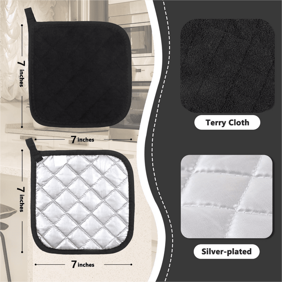 4 Pack Pot Holders for Kitchen Heat Resistant Pot Holders Sets Oven Hot Pads Terry Cloth Pot Holders for Cooking Baking(7"x 7",GRAY) 7" x 7" BLACK