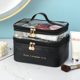 Meiyuuo Makeup Bag Cosmetic Bag Travelling Double Layer Make Up Bag Organizer Medium Case for Women Girls Reusable Toiletry Bags(Blue) Dark Black