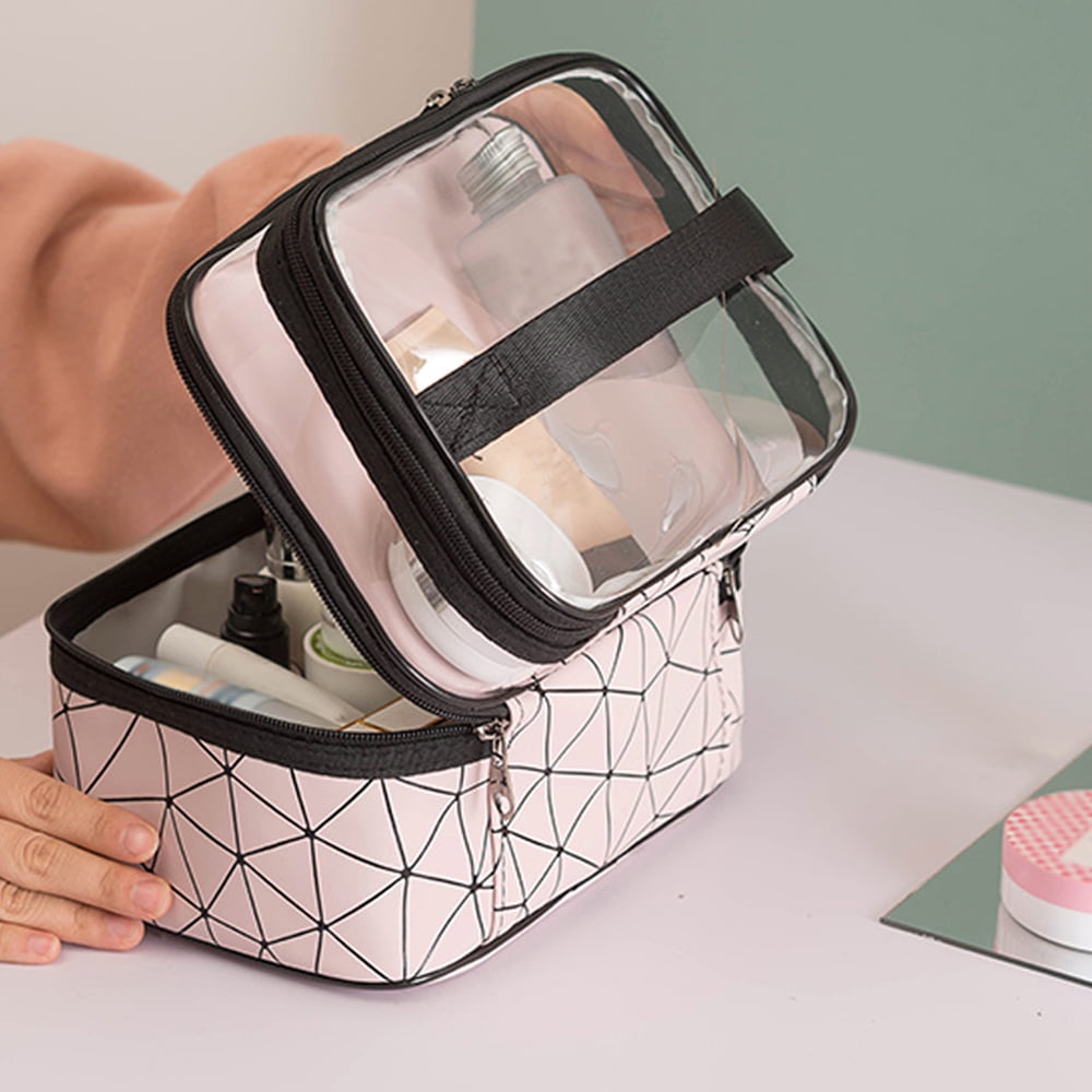Meiyuuo Makeup Bag Cosmetic Bag Travelling Double Layer Make Up Bag Organizer Medium Case for Women Girls Reusable Toiletry Bags(Blue) Dark Black