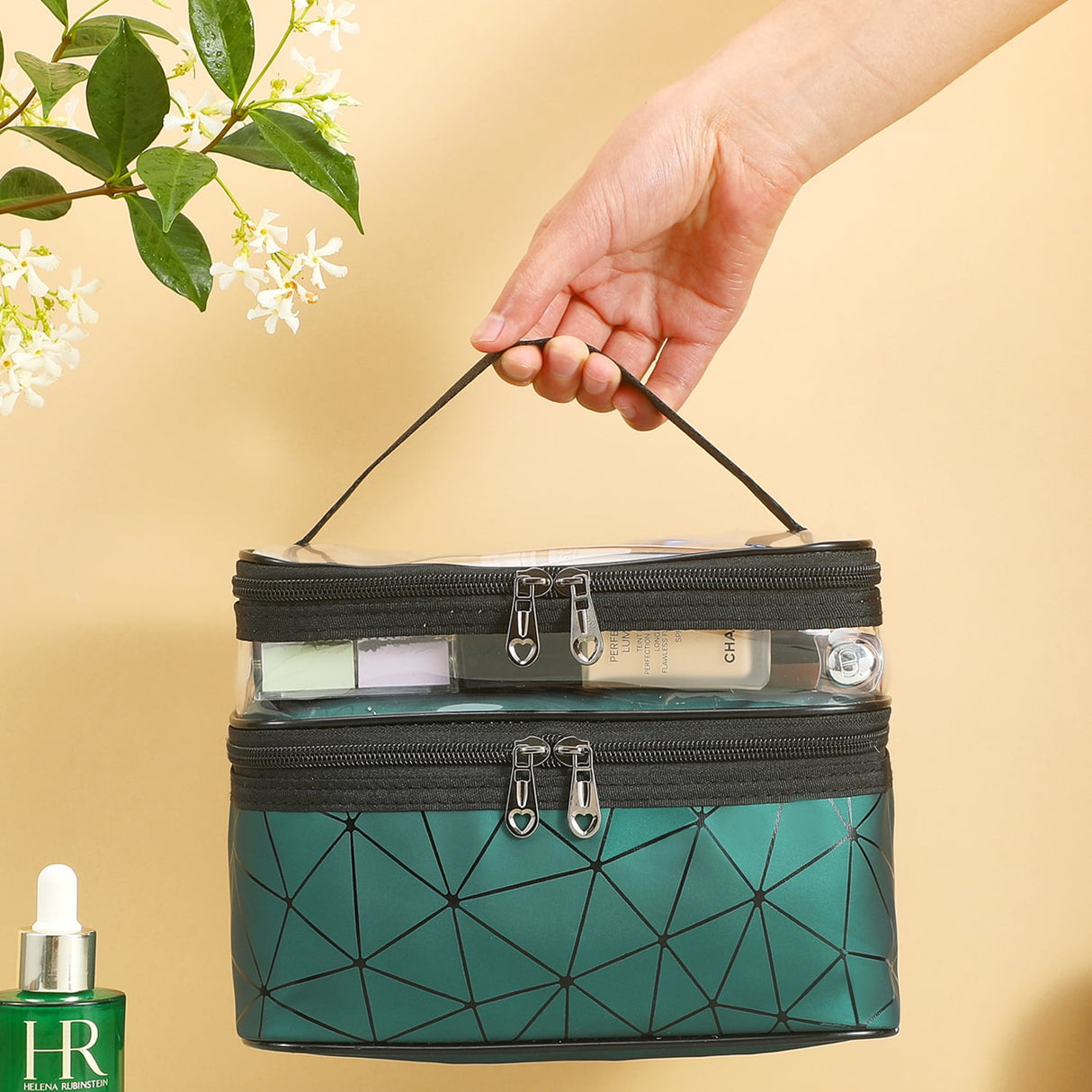 Meiyuuo Makeup Bag Cosmetic Bag Travelling Double Layer Make Up Bag Organizer Medium Case for Women Girls Reusable Toiletry Bags(Blue) Green