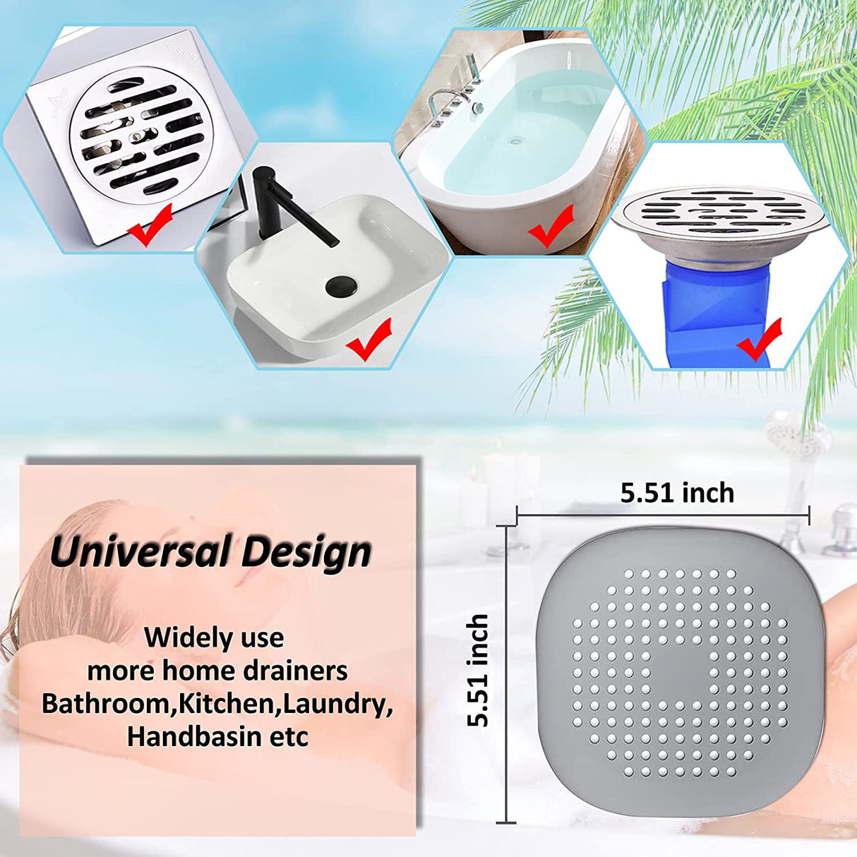 2 PackHair Catcher,Square Hair Drain Cover for Shower Silicone Hair Stopper with Suction Cup,Easy to Install Suit for Bathroom,Bathtub,Kitchen (Grey)