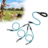 3 Dog Leash No Tangle, Heavy Duty Multiple Dog Lead Shock Absorbing Bungee, Triple Bungee Leash, Reflective Dog Leash Free Multi Pet Walking Rope with Detachable, Black Blue - Front View