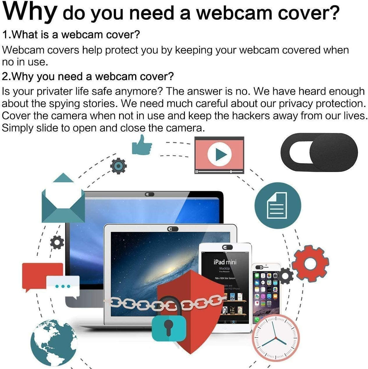 3 Pack Webcam Cover Slider for Privacy, 0.027in Ultra Thin Design Web Camera Cover Slide for Laptop, Desktop, PC, Tablet, Smartphone and More - (Black)