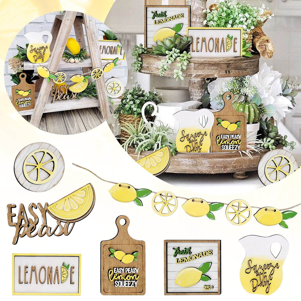 Wooden  Signs Mini Graduation Lemon Tiered Summer Farm Tiered Rustic Tray Style Wooden Decor Decorations Tray Desktop Ornament Yellow