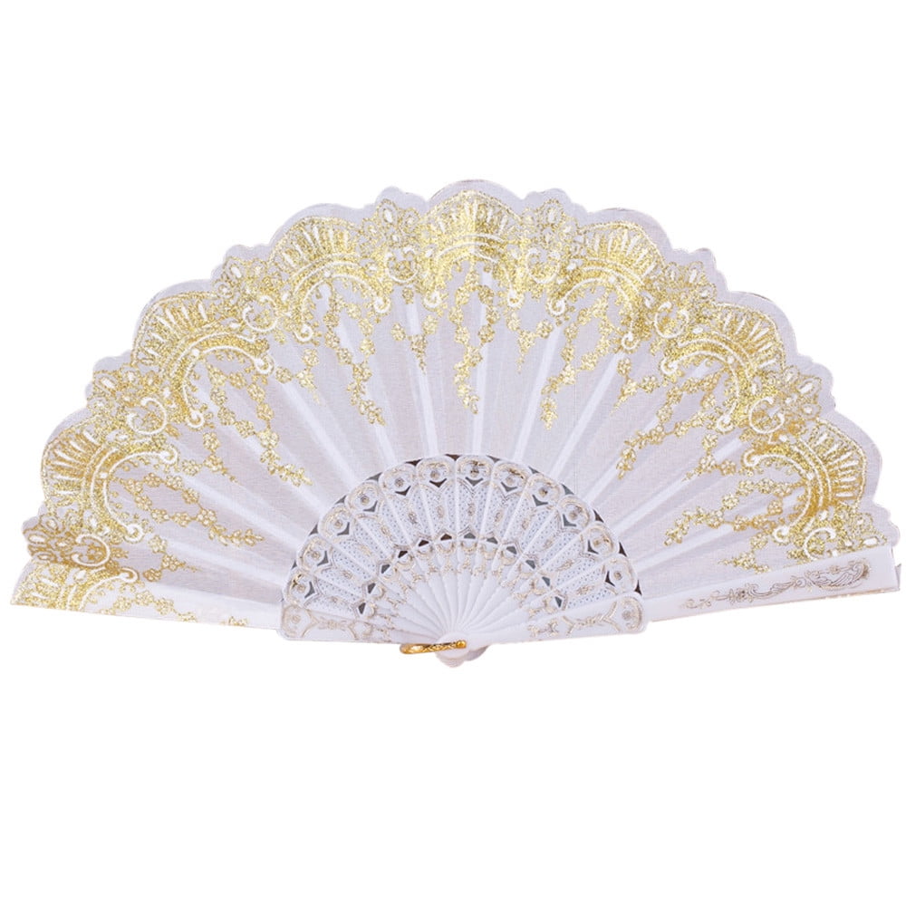 Folding Fan , Chinese Style Dance Wedding Party Lace Silk Folding Hand Held Flower Fan White White