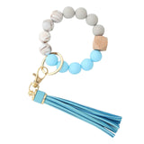 Hanging Ornament  Silicone Key Ring Bracelet, Women Beaded Bangle Keychain Wristlet Leather Tassel B