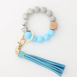 Hanging Ornament  Silicone Key Ring Bracelet, Women Beaded Bangle Keychain Wristlet Leather Tassel B