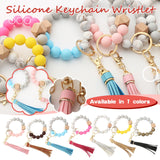 Hanging Ornament  Silicone Key Ring Bracelet, Women Beaded Bangle Keychain Wristlet Leather Tassel B - Side View