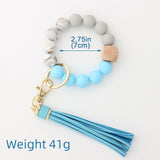 Hanging Ornament  Silicone Key Ring Bracelet, Women Beaded Bangle Keychain Wristlet Leather Tassel B - Top-Down View