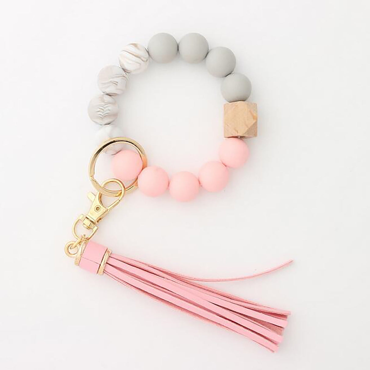 Hanging Ornament  Silicone Key Ring Bracelet, Women Beaded Bangle Keychain Wristlet Leather Tassel G