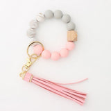 Hanging Ornament  Silicone Key Ring Bracelet, Women Beaded Bangle Keychain Wristlet Leather Tassel G