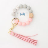 Hanging Ornament  Silicone Key Ring Bracelet, Women Beaded Bangle Keychain Wristlet Leather Tassel G