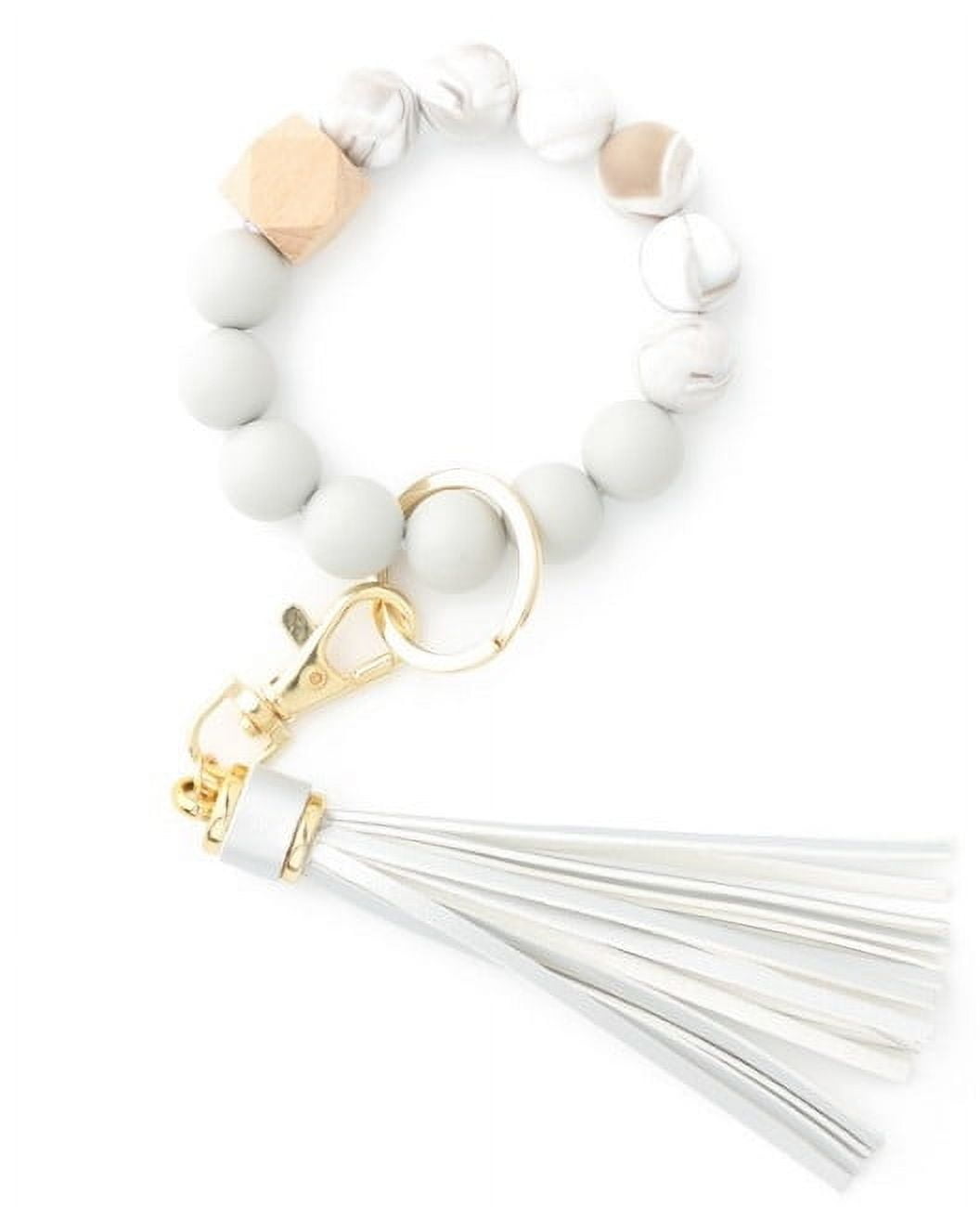 Hanging Ornament  Silicone Key Ring Bracelet, Women Beaded Bangle Keychain Wristlet Leather Tassel White
