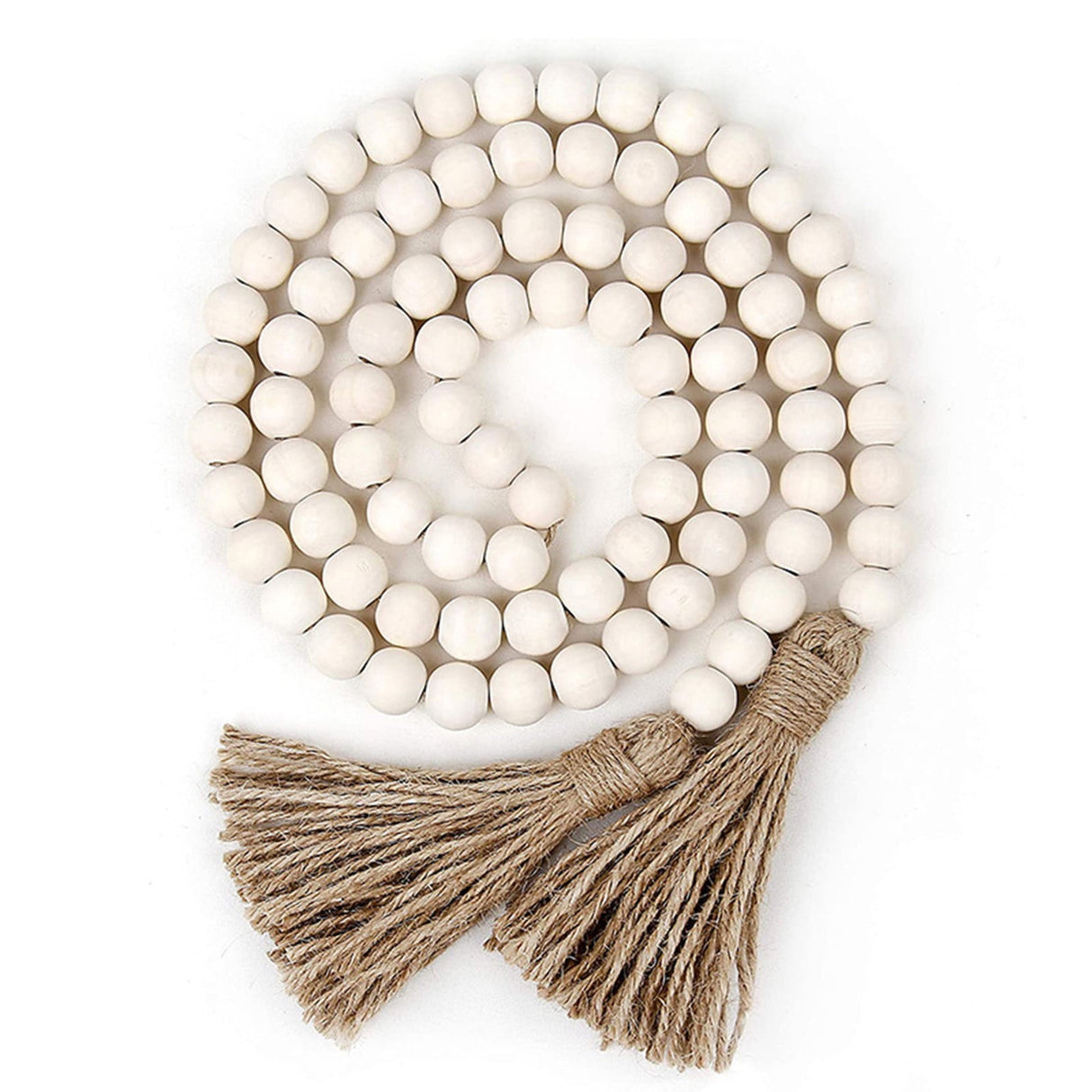 Twine Beaded, Desktop Ornament Promotion, 58In Wood Bead Garland with Tassels Farmhouse Beads Rustic Nature Country Decor Prayer Boho Beads Wall Hanging Decoration Beige