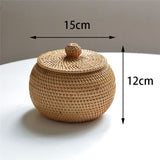 Round Rattan Box with Lid, Hand Woven Storage Box, Multifunctional Desktop Tray Storage Basket Decoration for Home - Front View