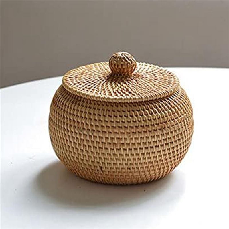 Round Rattan Box with Lid, Hand Woven Storage Box, Multifunctional Desktop Tray Storage Basket Decoration for Home