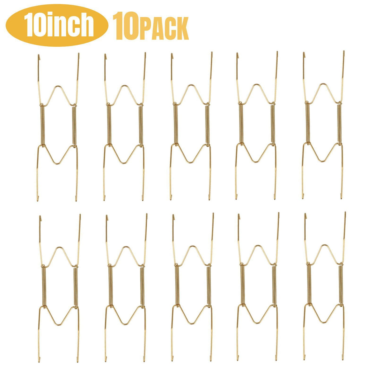 Hooks ! Dish Display Plate Hangers 10 Pack Stainless Steel Decorative Wire Plate Hanger Holders in Spring Hook Holder Hanging Wire for Decorative Plates and Art Gold