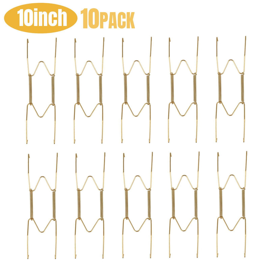 Hooks ! Dish Display Plate Hangers 10 Pack Stainless Steel Decorative Wire Plate Hanger Holders in Spring Hook Holder Hanging Wire for Decorative Plates and Art Gold