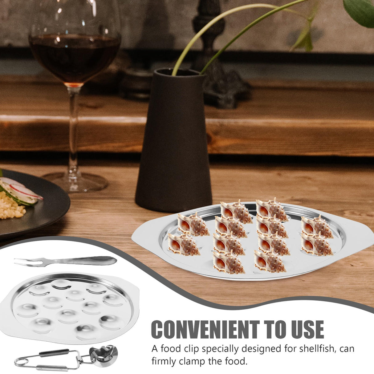 Worgeous Conch Clamp Assembly Plate Escargot Dish Snail Serving Kitchen Baking Tray Silver